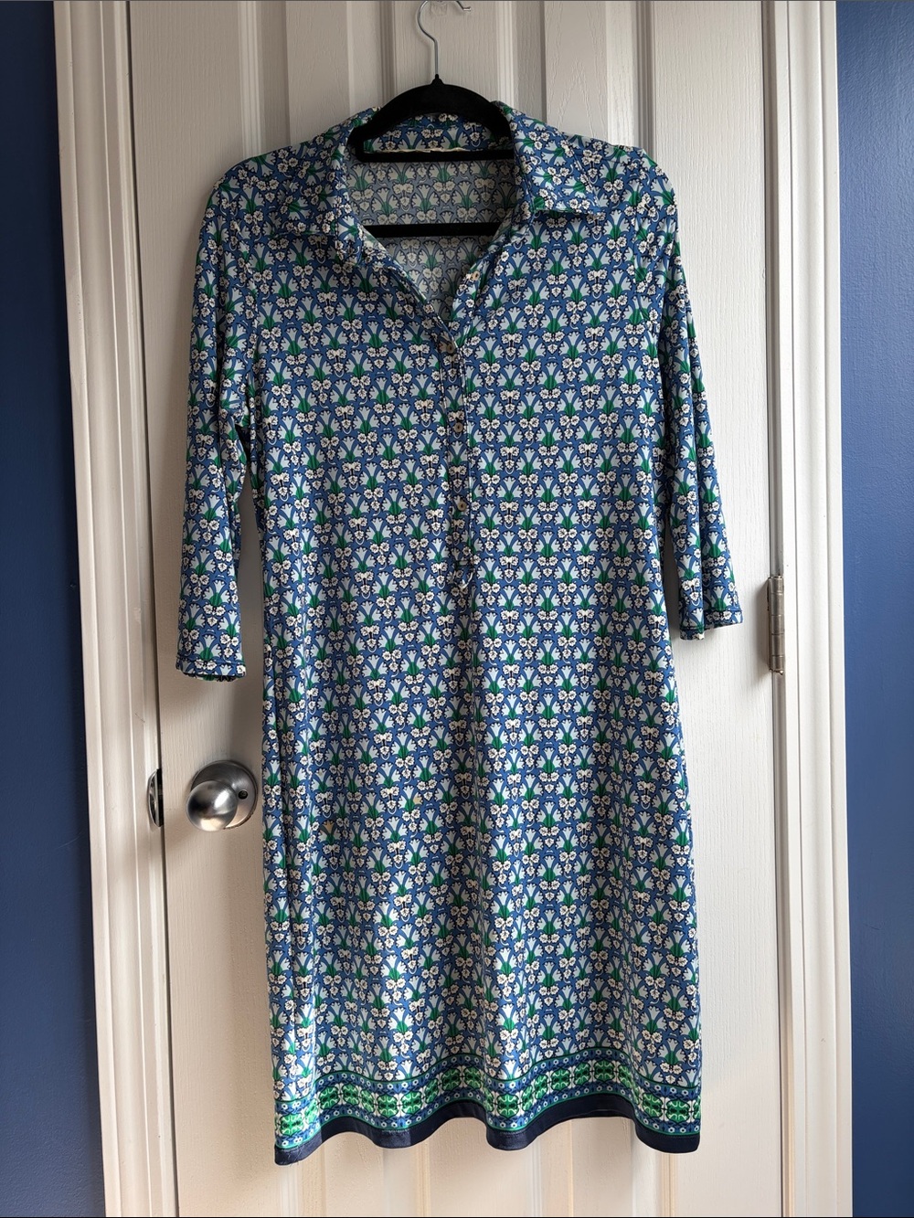 Max Studio Floral Print Collared Shift Dress M Blue Green